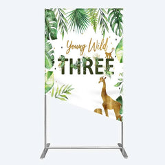 Lofaris Young Wild Three Rectangle Backdrop Safari Jungle Animals and Tropical Leaves Background 3rd Birthday One Party Decor