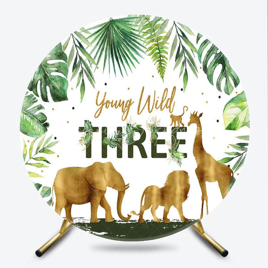 Lofaris Young Wild Three Round Backdrop Safari Jungle Animals and Tropical Leaves Background 3rd Birthday One Party Decor