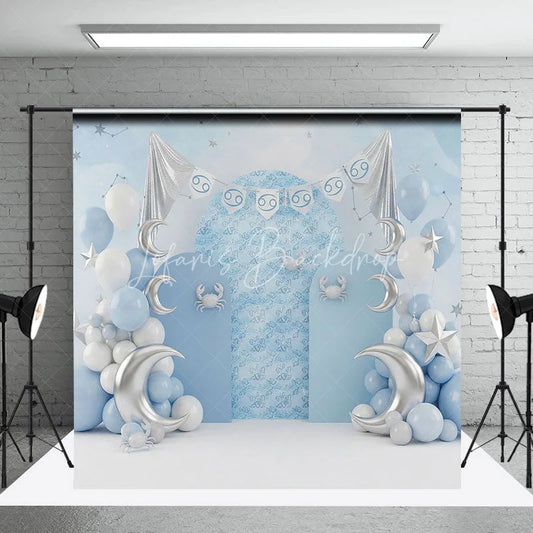 Lofaris Zodiac Cancer Birthday Backdrop Blue Sky with Silver Moon and Crab Cake Smash Background