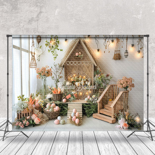 Lofaris Log Cabin Staircase Easter Egg Spring Photo Backdrop