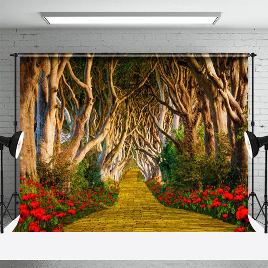 Lofaris Long Brick Road Forest Red Flower Spring Backdrop