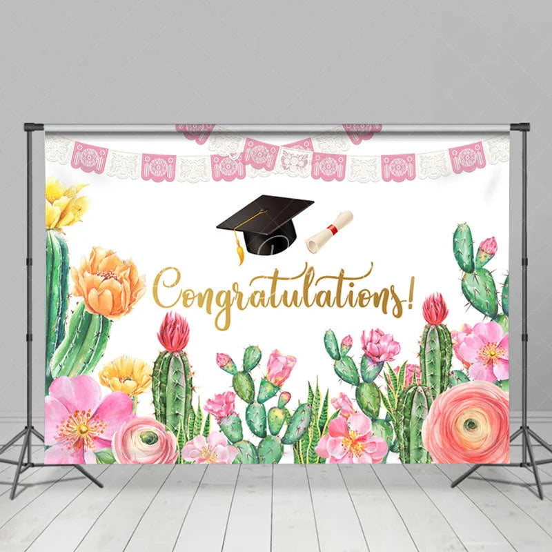 Lofaris Lovely Cactus Flags Themed Happy Graduation Backdrop