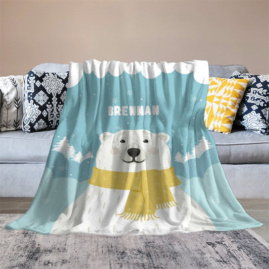 Lofaris Lovely Polar Bear Snow Scene Blue Custom Name Blanket