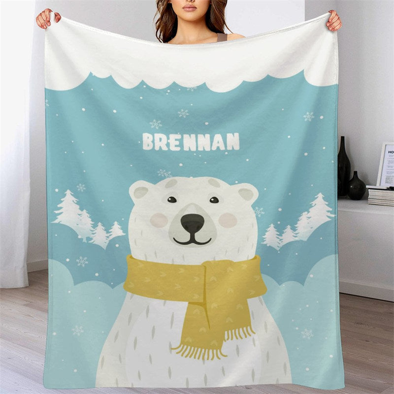 Lofaris Lovely Polar Bear Snow Scene Blue Custom Name Blanket