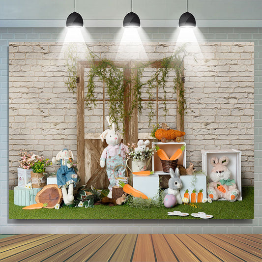 Lofaris Lovely Rabbit Brick Wall Wooden Door Photo Backdrop