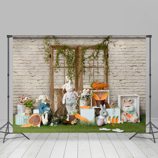 Lofaris Lovely Rabbit Brick Wall Wooden Door Photo Backdrop