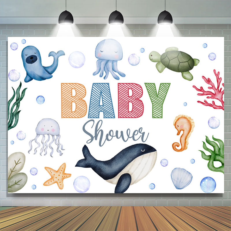 Lofaris Lovely Undersea Creatures White Baby Shower Backdrop