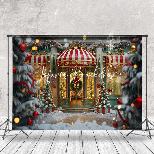 Lofaris Luxury Green Red Door Trees Snowy Christmas Backdrop