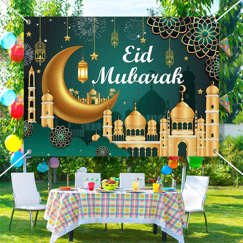 Lofaris Mandala Pattern Turquoise Dome Eid Mubarak Backdrop