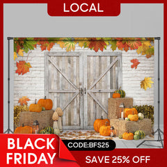Lofaris (7 Day Delivery) Maple Pumpkin Brick Wall Wooden Door Autumn Backdrop