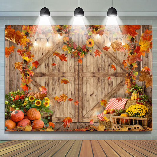 Lofaris Maples Wood Door Pumpkin Sunflower Autumn Backdrop