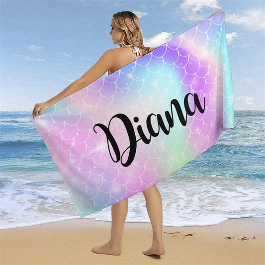 Lofaris Mermaid Glitter Custom Name Girl Summer Beach Towel
