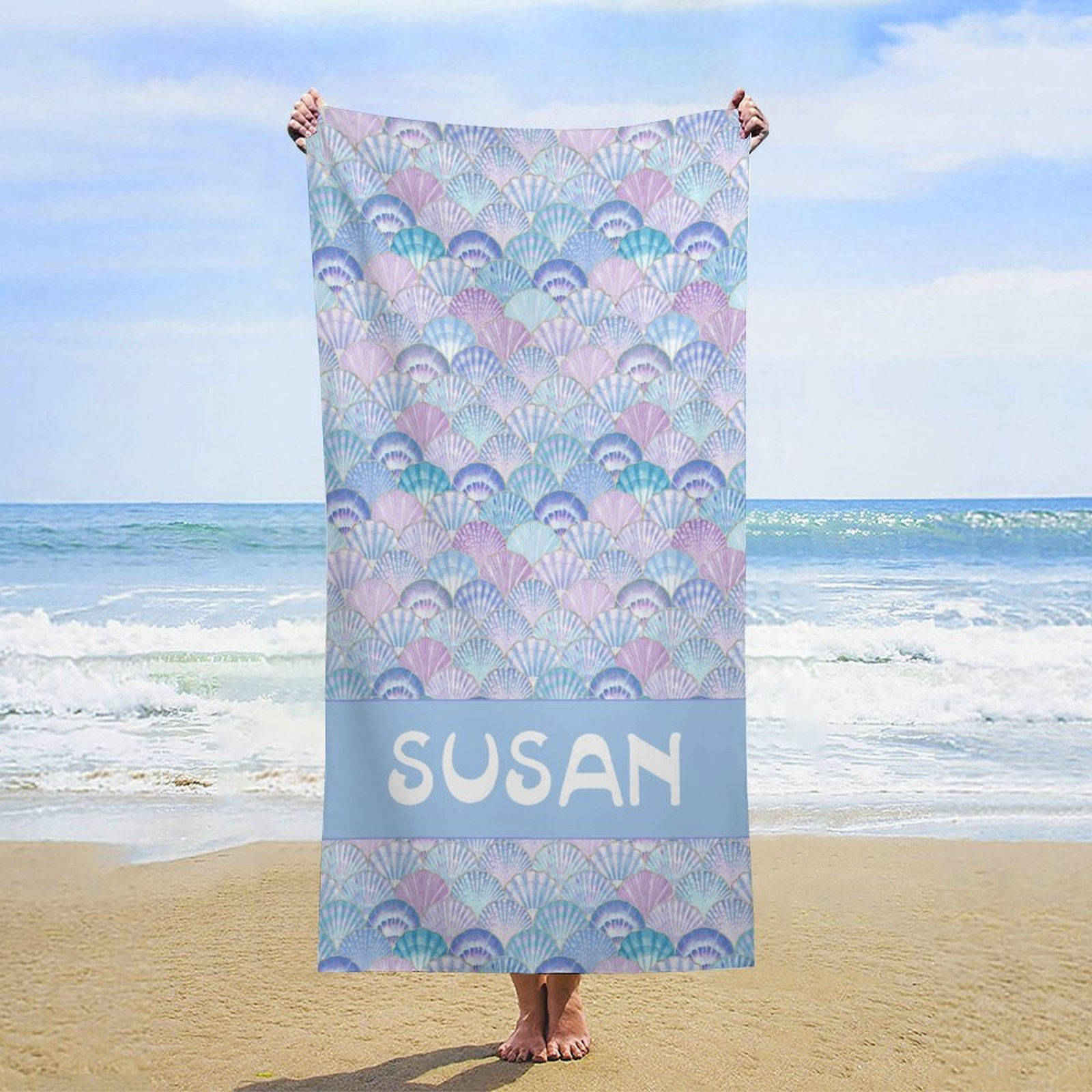 Lofaris Mermaid Purple Shell Custom Name Girl Beach Towel