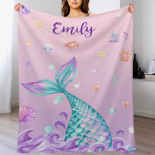 Lofaris Mermaid Wave Shells Pearls Custom Name Blanket For Kids