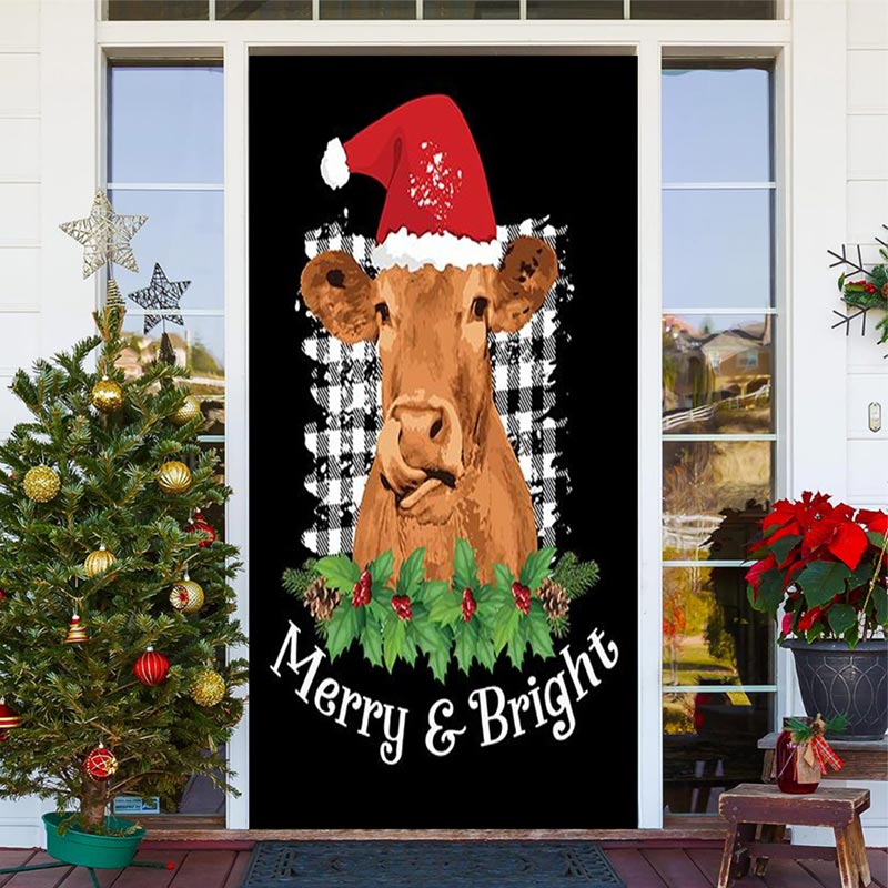 Lofaris Merry Bright Cow Hat Black Christmas Door Cover