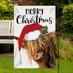 Lofaris Merry Christmas Cow Santa Hat Burlap Garden Flag