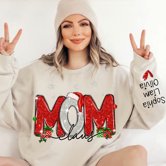 Lofaris Merry Christmas Glitter Mom Cute Sweatshirt And Kids Name On Sleeve Minimalist Cool Sweater Personalized Mother Day Gift For LTP01