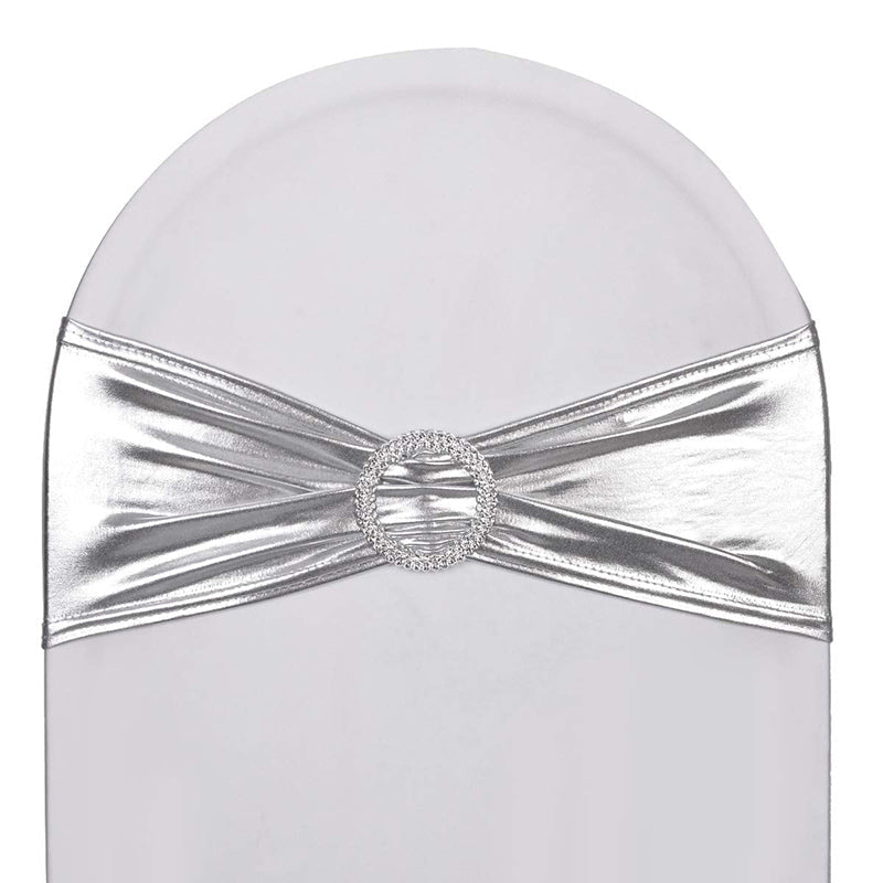 Lofaris Metallic Silver Spandex Banquet Chair Sashes Bands Bows