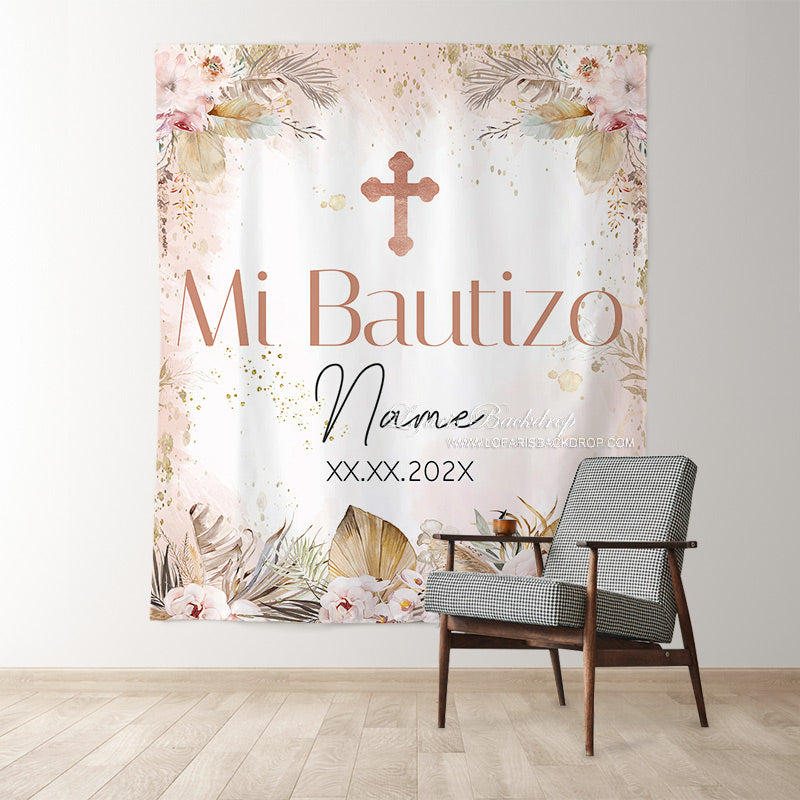Lofaris Girl Feather Mi Bautizo Pink Backdrop Banner For Baptism