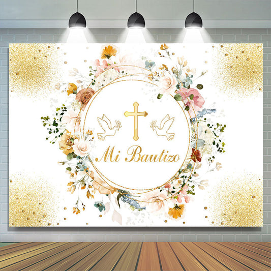Lofaris Mi Bautizo Floral Garland Golden Baptism Backdrop