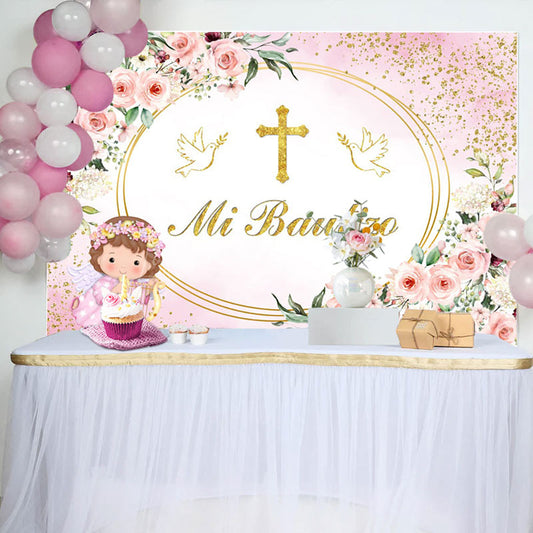 Lofaris Mi Bautizo Pink Flowers Angle Pigeon Baptism Backdrop
