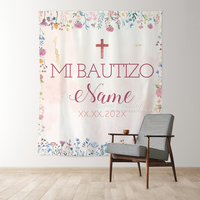 Lofaris Girl Mi Bautizo Pink Little Flower Baptism Backdrop For Deco