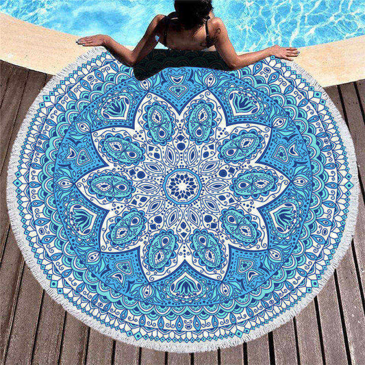 Lofaris Misterious Mandala Pattern Round Beach Towel With Fringe