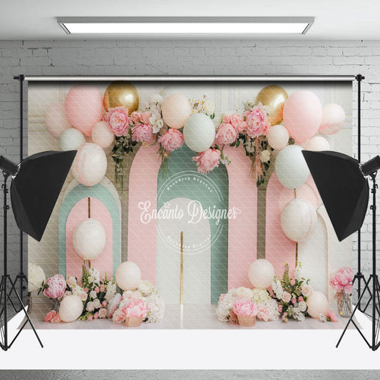 Lofaris Modern Pink Green Arch Balloons Cake Smash Backdrop