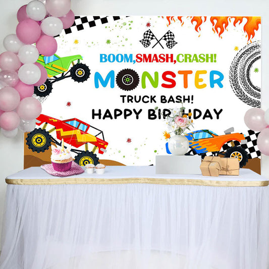 Lofaris Monster Colorful Trucks Birthday Backdrop For Boys