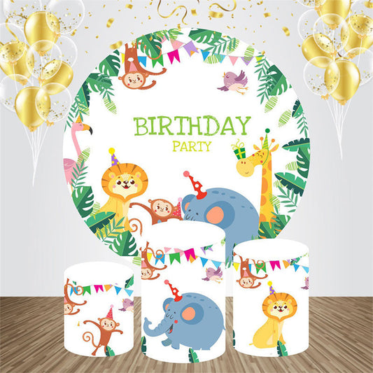 Lofaris Monstera Animals Round Birthday Party Bakcdrop Kit