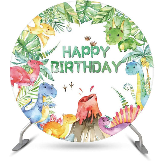 Lofaris Monstera Colorful Dinosaurs Round Birthday Backdrop
