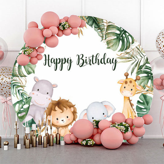 Lofaris Monstera Forest Animals Safari Round Birthday Backdrop