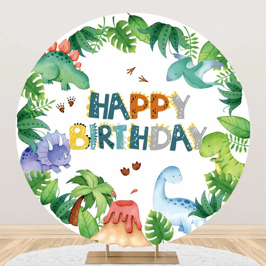 Lofaris Monstera Leaves Dinosaurs Round Birthday Backdrop
