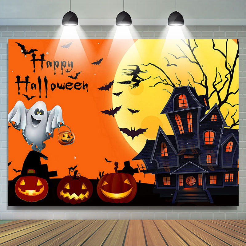 Moon Black Castle Orange Pumpkin Halloween Backdrop - Lofaris