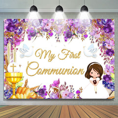 Lofaris My First Communion Purple Floral Girl Baptism Backdrop