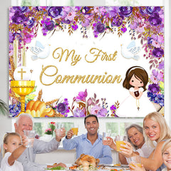Lofaris My First Communion Purple Floral Girl Baptism Backdrop