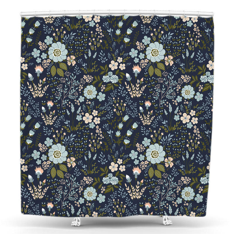 Lofaris Navy Blue Beige Blossom Floral Pattern Shower Curtain