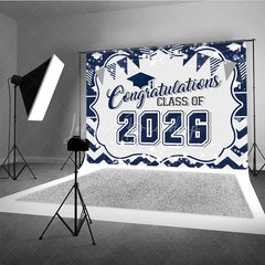 Lofaris Navy Blue Congratulations Class Of 2026 Backdrop