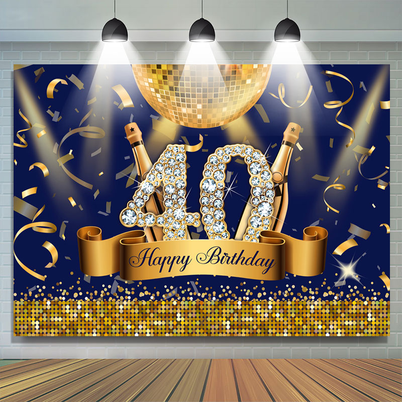 Lofaris Navy Blue Gold Party Light Ball 40 Birthday Backdrop