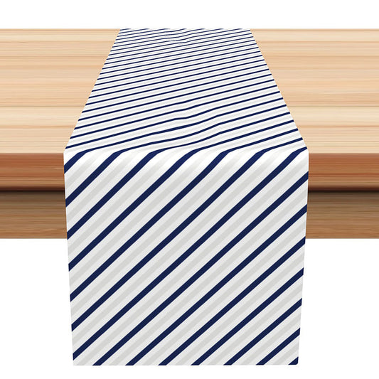 Lofaris Navy Blue Grey White Diagonal Stripes Table Runner