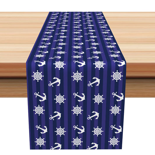 Lofaris Navy Blue White Rudder Anchor Coastal Table Runner
