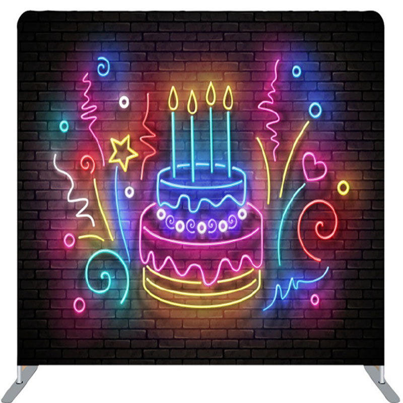 Lofaris Neon Birthday Cake Brick Wall Happy Backdrop