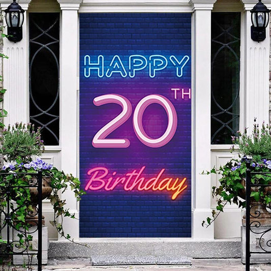 Lofaris Neon Light Brick Wall Happy 20Th Birthday Door Cover
