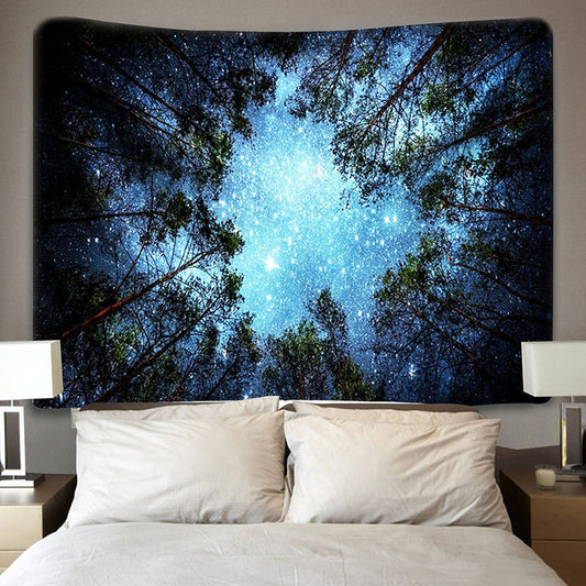 Lofaris Night Blue Sky Shining Stars Forest Tapestry Decor