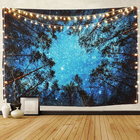 Lofaris Night Blue Sky Shining Stars Forest Tapestry Decor