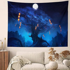 Lofaris Night Moon Blue Light Lantern Tree Mountain Tapestry