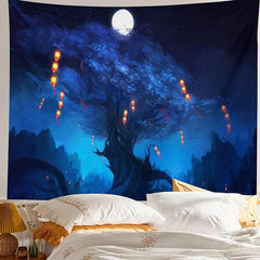 Lofaris Night Moon Blue Light Lantern Tree Mountain Tapestry