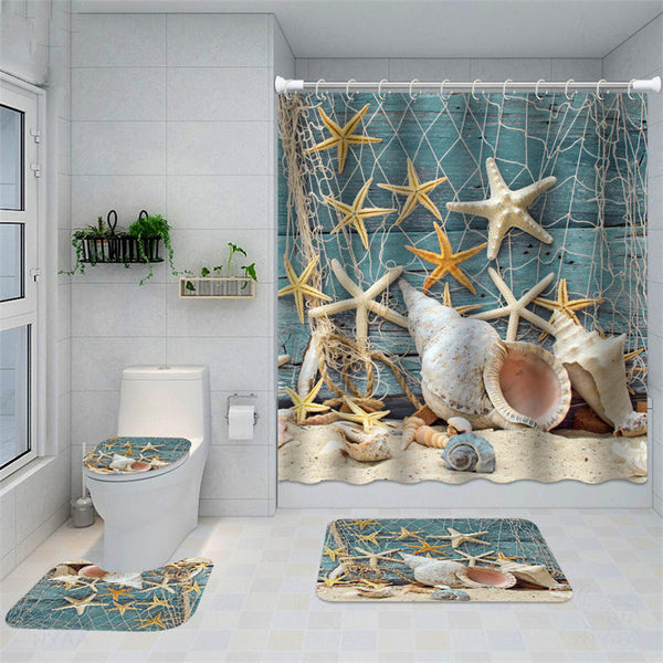 A.Monamour Starfish Seashells On Sandy Beach Blue Sky White Clouds Blue Ocean Nature Landscape Waterproof Long Fabric Polyester Shower Curtain Set With Hooks, No Liner Needed 180x200 Cm / 72"x78