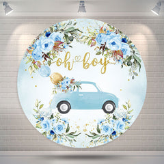 Lofaris Oh Boy Floral Car Blue Round Baby Shower Backdrop