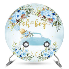 Lofaris Oh Boy Floral Car Blue Round Baby Shower Backdrop